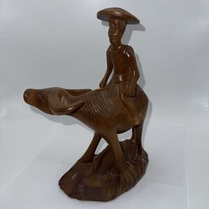 Carved Wood Farmer Man Ride‎ On Carabao Water Buffalo Statue Sculpture
